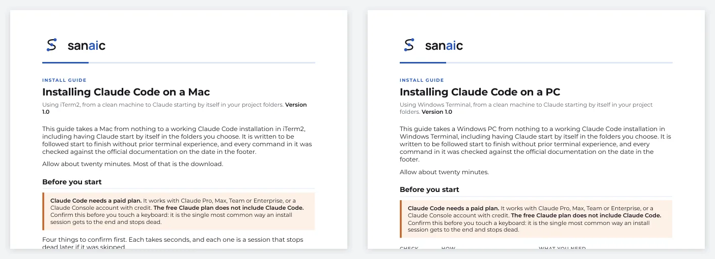 The first pages of the two install guides in the pack: installing on a Mac, and installing on Windows.