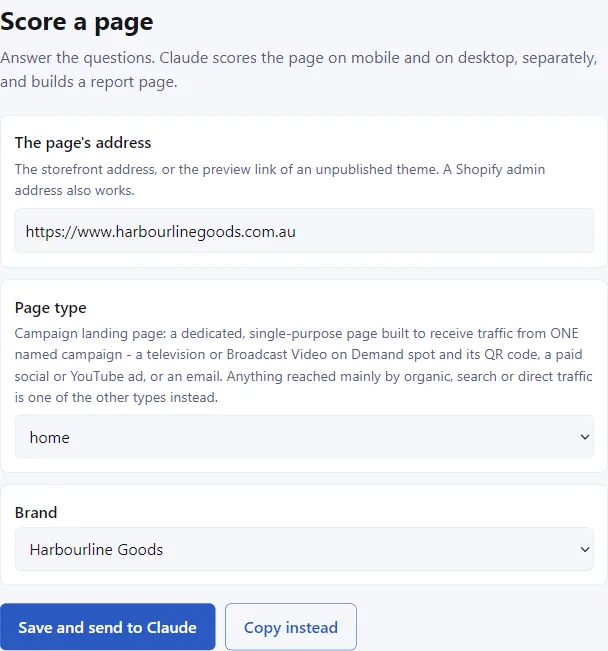 A plain form asking which page to score, its type and the brand, with a Save button.